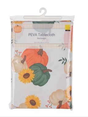 PEVA Tablecloth with Sunflower & Pumpkin Print - Orange, Green, Yellow 60in Roun
